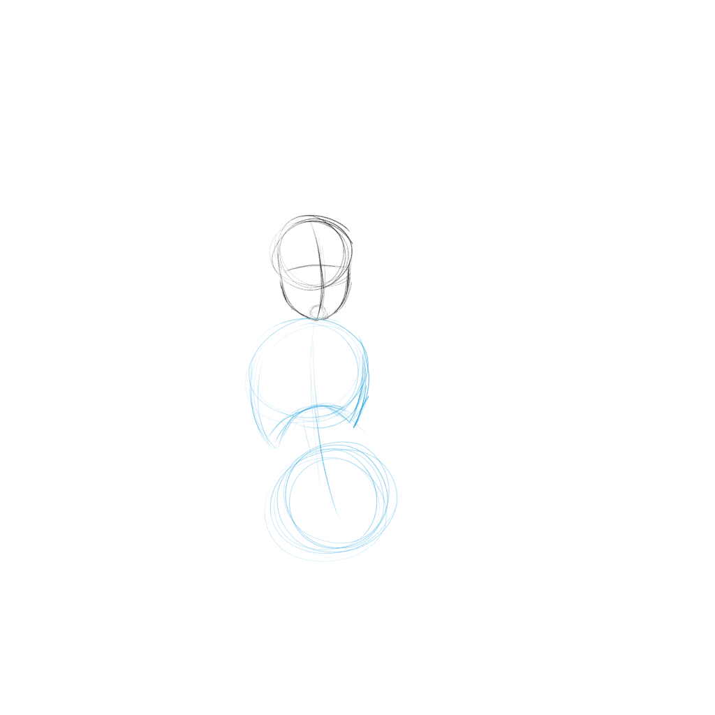 Draw two circles, roughly two and a half heads in length from the top of the first circle to the bottom of the second circle. The first circle is the chest, you can also a "w" shape similar to what I did to help create the rib cage. The second circle will help shape the hips and crotch of our character